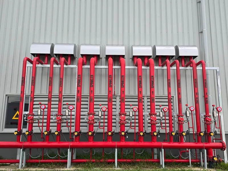Red fire fighting pipework in an industrial building